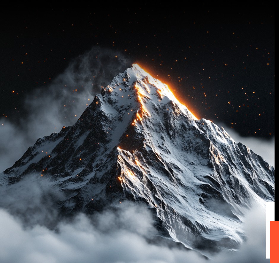 Snow-covered mountain peak at night with warm light on the ridge.