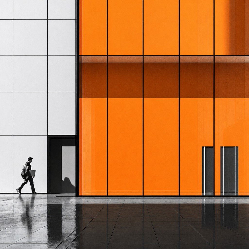 Person walking past a modern building with a white gridded facade and vibrant orange glass panels.